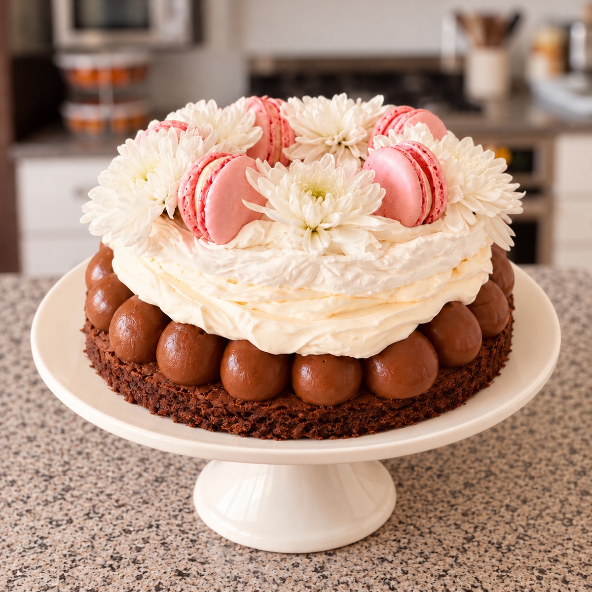 Torta de chocolate con flores y macarons.png