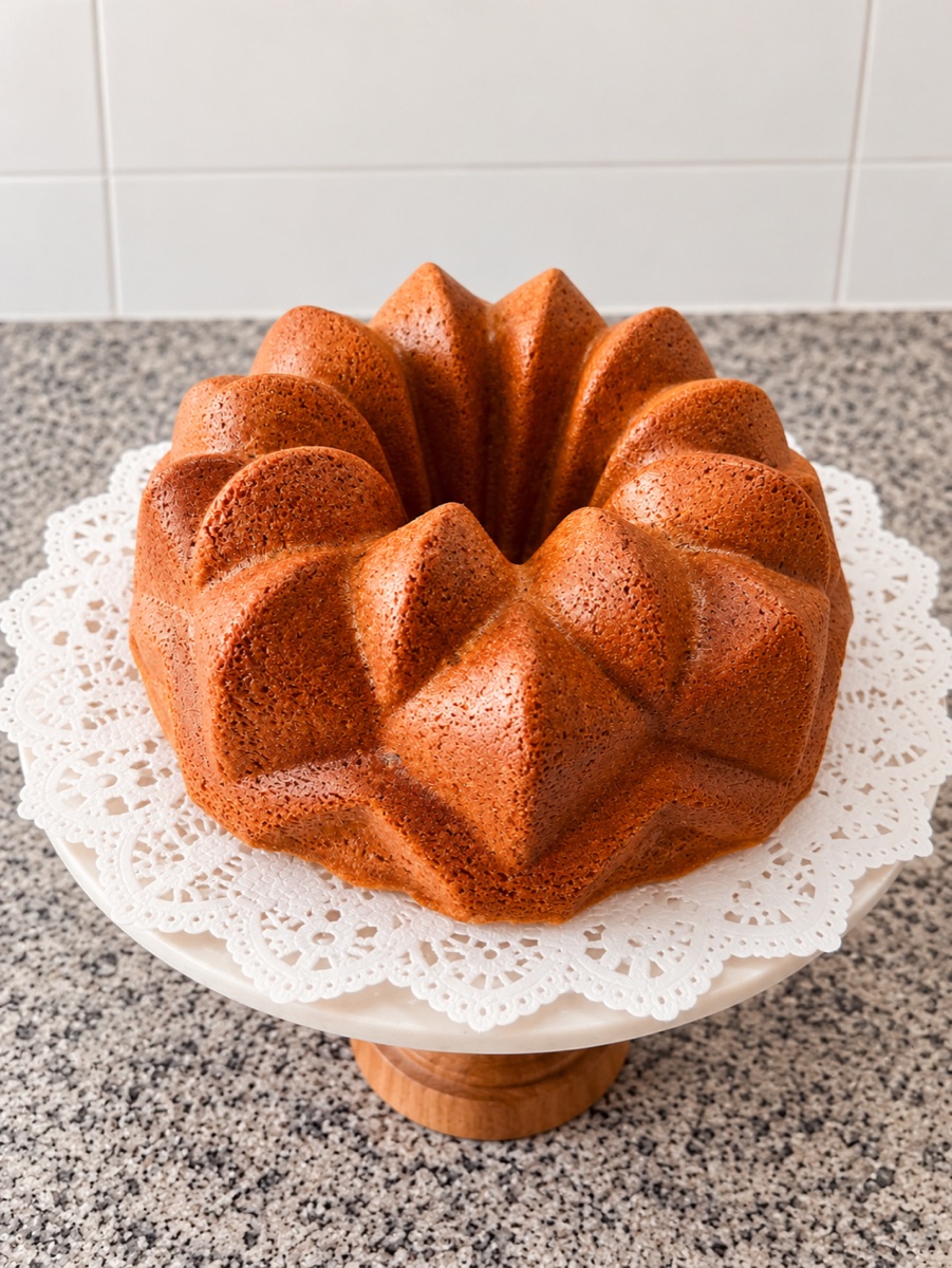 Torta bundt dorada sobre pedestal.png