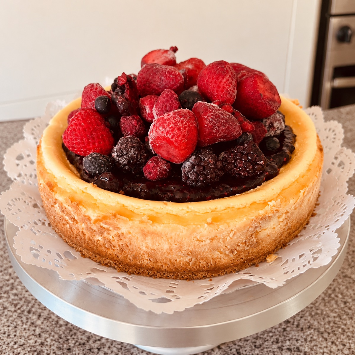 Cheesecake rústica con frutos rojos congelados.png