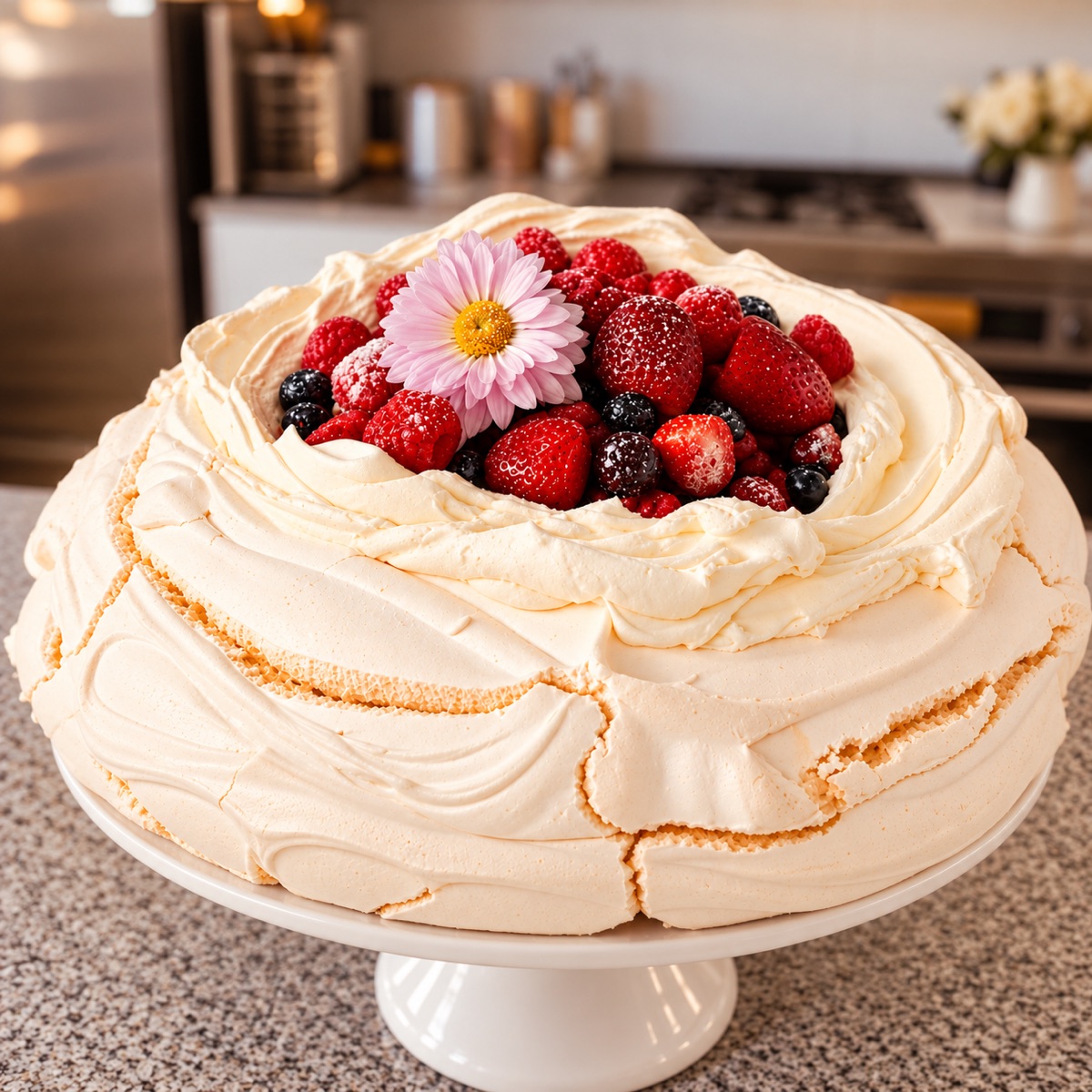Pavlova de frutos rojos con flor rosa.png