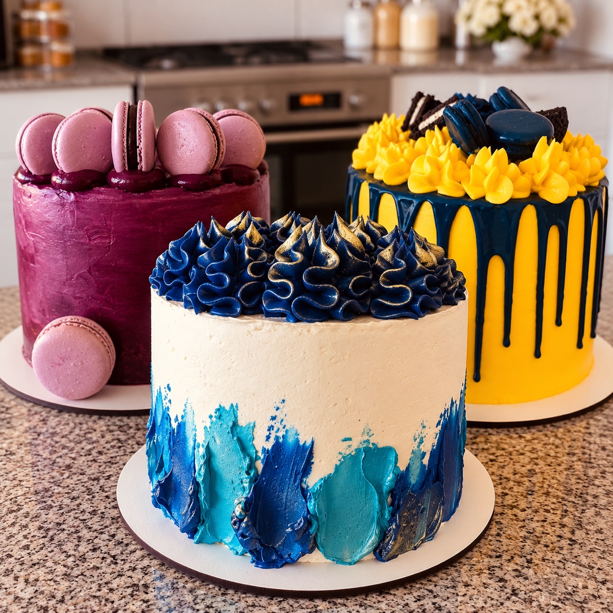 Trío de tortas decoradas en cocina moderna.png